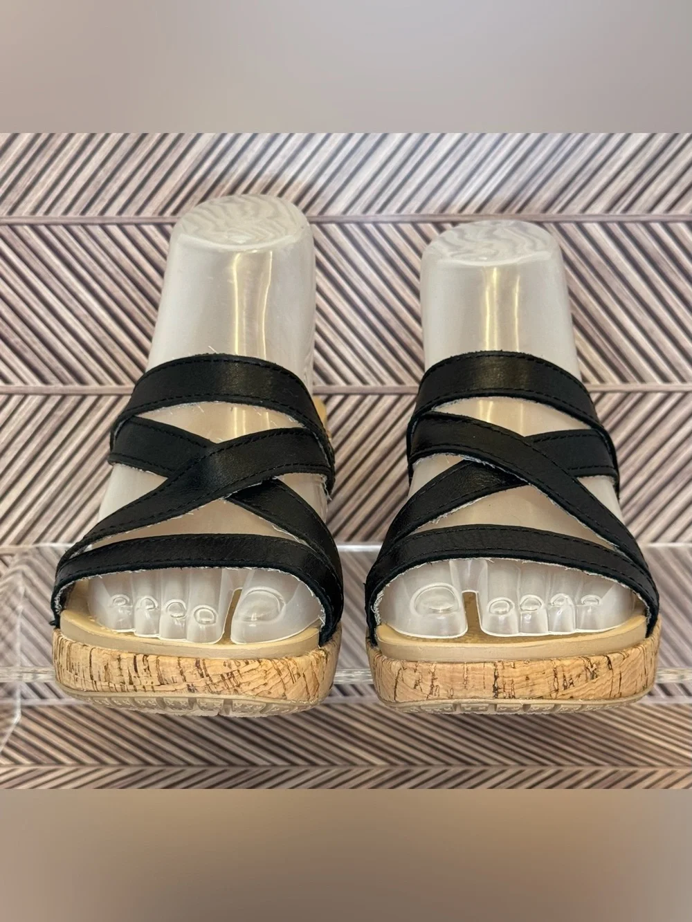 CROCS A-Leigh Mini Wedge Sandal Black Leather straps Cork Wrapped Platform